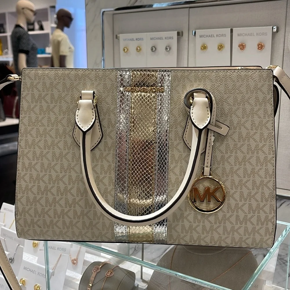 Michael Kors Sheila Medium Signature Logo and Metallic Satchel Crossbody CZ NWT